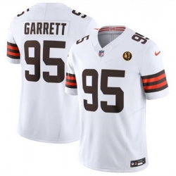 Men Cleveland Browns 95 Myles Garrett White 2023 F U S E  With John Madden Patch Vapor Limited Stitched Football Jersey