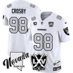 Men Las Vegas Raiders 98 Maxx Crosby White 2024 F U S E With Nevada Silver Stat Patch And 65th Anniversary Patch 3 Star C Patch Stitched Football Jersey