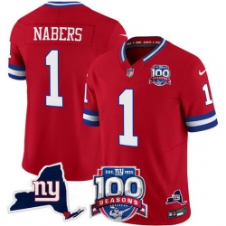 Men New York Giants 1 Malik Nabers Red 2024 F U S E 100th Season And State Patch Vapor Limited Stitched Football Jersey