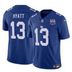 Men New York Giants 13 Jalin Hyatt Blue 2024 F U S E  100TH Season Patch Vapor Untouchable Limited Stitched Jersey