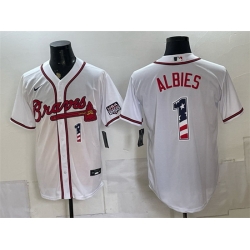 Men Atlanta Braves  1 Ozzie Albies White USA 250 Fourth of July Home Stadium Stitched Baseball Jersey