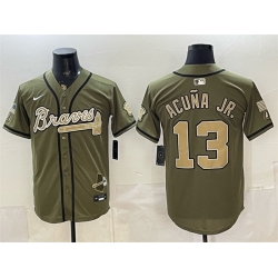 Men Atlanta Braves  13 Ronald Acuna Jr  Olive 2026 Armed Forces Day Stitched Baseball Jersey