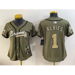 Women Atlanta Braves  1 Ozzie Albies Olive 2026 Armed Forces Day Stitched Baseball Jersey  