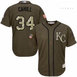 Mens Majestic Kansas City Royals 34 Trevor Cahill Replica Green Salute to Service MLB Jersey  Mens Majestic Kansas City Royals 34 Trevor Cahill Replica Green Salute to Service MLB Jersey