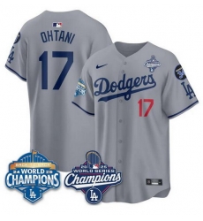 Men Los Angeles Dodgers 17 Shohei Ohtani Grey 2025 World Series Champions  26 Back to Back Champions With No 34 Patch Limited Stitched Baseball Jersey