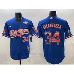 Men Los Angeles Dodgers 34 Fernando Valenzuela Royal Mexico California Patch 2025 World Series Patch Stitched Baseball Jersey