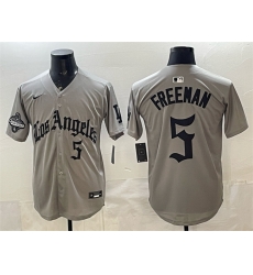 Men Los Angeles Dodgers 5 Freddie Freeman Grey LA Gothic Style With 2025 World Series Champions Patch Limited Stitched Baseball Jersey Men Los Angeles Dodgers 5 Freddie Freeman Grey LA Gothic Style With 2025 World Series Champions Patch Limited Stitched Baseball Jersey