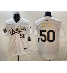 Men Los Angeles Dodgers 50 Mookie Betts White Gold 2025 World Series Champions Patch Limited Stitched Baseball Jersey