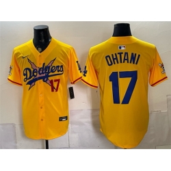 Men Los Angeles Dodgers x One Piece  17 Shohei Ohtani Yellow Vapor Premier Limited Stitched Baseball Jersey