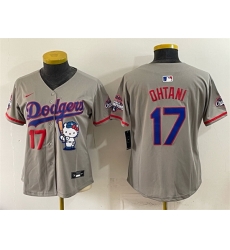 Women Los Angeles Dodgers 17 Shohei Ohtani Grey Hello Kitty Night 2025 World Series Champions Patch Stitched Baseball Jersey Women Los Angeles Dodgers 17 Shohei Ohtani Grey Hello Kitty Night 2025 World Series Champions Patch Stitched Baseball Jersey