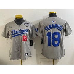 Women Los Angeles Dodgers 18 Yoshinobu Yamamoto Grey 2025 World Series Patch Limited Stitched Baseball Jersey 