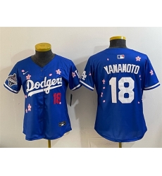 Women Los Angeles Dodgers 18 Yoshinobu Yamamoto Royal 2025 World Series Champions Patch Tokyo Series Limited Stitched Baseball Jersey 