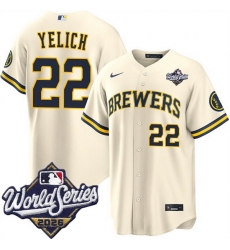 Men Milwaukee Brewers 22 Christian Yelich Cream 2026 World Series Stitched Baseball Jersey Men Milwaukee Brewers 22 Christian Yelich Cream 2026 World Series Stitched Baseball Jersey
