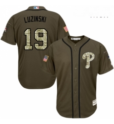 Mens Majestic Philadelphia Phillies 19 Greg Luzinski Authentic Green Salute to Service MLB Jersey