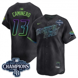 Men Tampa Bay Rays  13 Junior Caminero Charcoal 2026 AL East Champions Patch City Connect Limited Stitched Baseball Jersey