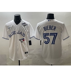 Men Toronto Blue Jays 57 Shane Bieber White 2025 World Series Home Cool Base Stitched Baseball Jersey