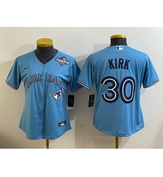 Women Toronto Blue Jays 30 Alejandro Kirk Blue 2025 World Series Cool Base Stitched Baseball Jersey Women Toronto Blue Jays 30 Alejandro Kirk Blue 2025 World Series Cool Base Stitched Baseball Jersey