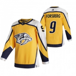 Men Nashville Predators 9 Filip Forsberg Yellow Adidas 2020 21 Reverse Retro Alternate NHL Jersey