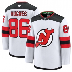 Men New Jersey Devils 86 Hughes Fanatics White 2024 25 Away Stitched Hockey Jersey