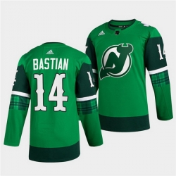 Men New jerseyy Devils 14 Nathan Bastian Green Warm Up St Patricks Day Stitched jersey