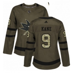 Womens Adidas San Jose Sharks 9 Evander Kane Authentic Green Salute to Service NHL Jerse