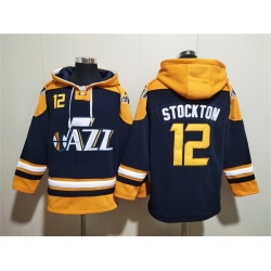 Men Utah Jazz 12 John Stockton Navy Yellow Lace Up Pullover Hoodie