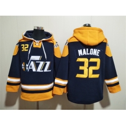 Men Utah Jazz 32 Karl Malone Navy Yellow Lace Up Pullover Hoodie