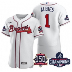 Men's White Atlanta Braves #1 Ozzie Albies 2021 World Series Champions With 150th Anniversary Flex Base Stitched Jersey