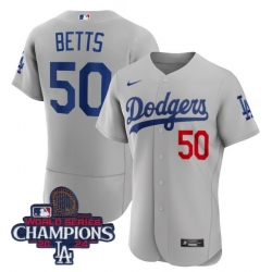 Men Nike Los Angeles Dodgers Mookie Betts #50 Gray Flex Base 2024 World Series Champions Stitched MLB Jersey II