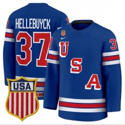 Men USA  37 Connor Hellebuyck Home Blue 2026 Olympic Hockey Jersey