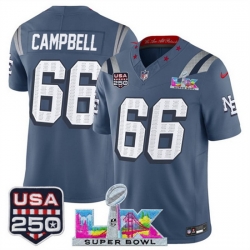 Men New England Patriots 66 Will Campbell Storm Blue 2025 F U S E  Super Bowl LX  USA 250 Patch  Rivalries Vapor Limited Football Stitched Jersey