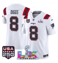 Men New England Patriots 8 Stefon Diggs White 2025 F U S E Super Bowl LX Patch And USA 250 27 Patch Vapor Limited Football Stitched Jersey Men New England Patriots 8 Stefon Diggs White 2025 F U S E Super Bowl LX Patch And USA 250 27 Patch Vapor Limited Football Stitched Jersey