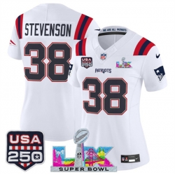 Women New England Patriots 38 Rhamondre Stevenson White 2025 F U S E  Super Bowl LX Patch And USA 250 27 Patch Vapor Limited Football Stitched Jersey 