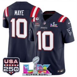 Youth New England Patriots 10 Drake Maye Navy 2025 F U S E  1 Star C Patch And Super Bowl LX Patch  USA 250 Patch Vapor Limited Stitched Football Jersey