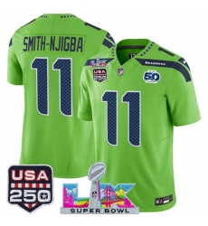 Men Seattle Seahawks 11 Jaxon Smith Njigba Green 2025 F U S E  Super Bowl LX Patch And 50th Season  USA 250 Patch Vapor Limited Football Stitched Jersey