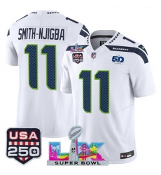 Men Seattle Seahawks 11 Jaxon Smith Njigba White 2025 F U S E Super Bowl LX Patch And 50th Season USA 250 Patch Vapor Limited Football Stitched Jersey Men Seattle Seahawks 11 Jaxon Smith Njigba White 2025 F U S E Super Bowl LX Patch And 50th Season USA 250 Patch Vapor Limited Football Stitched Jersey