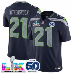Men Seattle Seahawks 21 Devon Witherspoon Navy 2025 F U S E  Super Bowl LX Patch And 50th Season Patch Vapor Limited Stitched Football Jersey