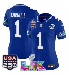 Women Seattle Seahawks 1 Pete Carroll Royal 2025 F U S E Super Bowl LX Patch And 50th Season USA 250 Patch Vapor Throwback Limited Stitched Football Jerse Women Seattle Seahawks 1 Pete Carroll Royal 2025 F U S E Super Bowl LX Patch And 50th Season USA 250 Patch Vapor Throwback Limited Stitched Football Jerse