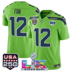 Youth Seattle Seahawks 12 Fan Green 2025 F U S E  Super Bowl LX Patch And 50th Season  USA 250 Patch Vapor Limited Stitched Football Jersey