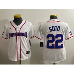 Youth Dominican Republic Baseball  22 Juan Soto White 2026 World Baseball Classic Home Stadium Stitched Baseball Jersey