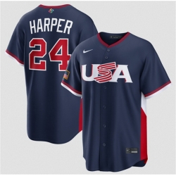 Men USA Baseball  24 Bryce Harper Navy 2026 World Baseball Classic Road Stadium Stitched Jersey