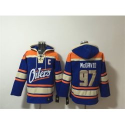 Men Edmonton Oilers 97 Connor McDavid Blue Lace Up Pullover Hoodie